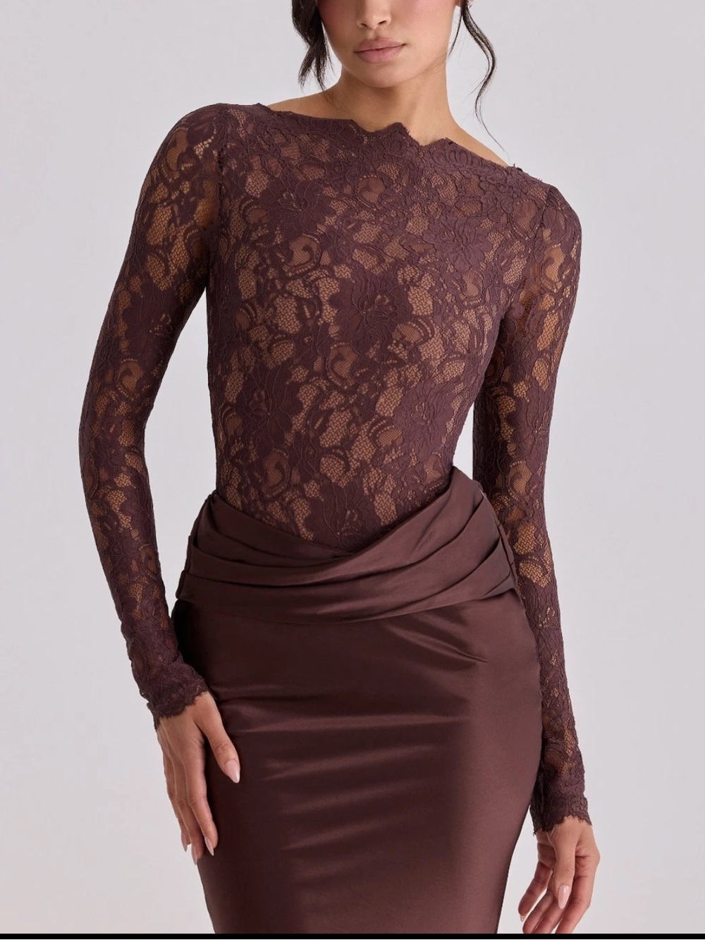 House of CB Yasmeen espresso brown lace satin draped maxi dress